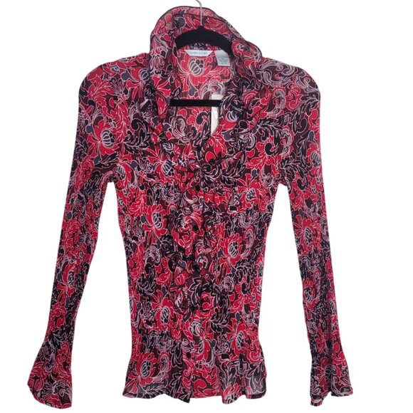 Y2K LAURA ASHLEY Pleated Fuchsia Floral Print Blouse Ruffle Collar medium NWT - Picture 1 of 9